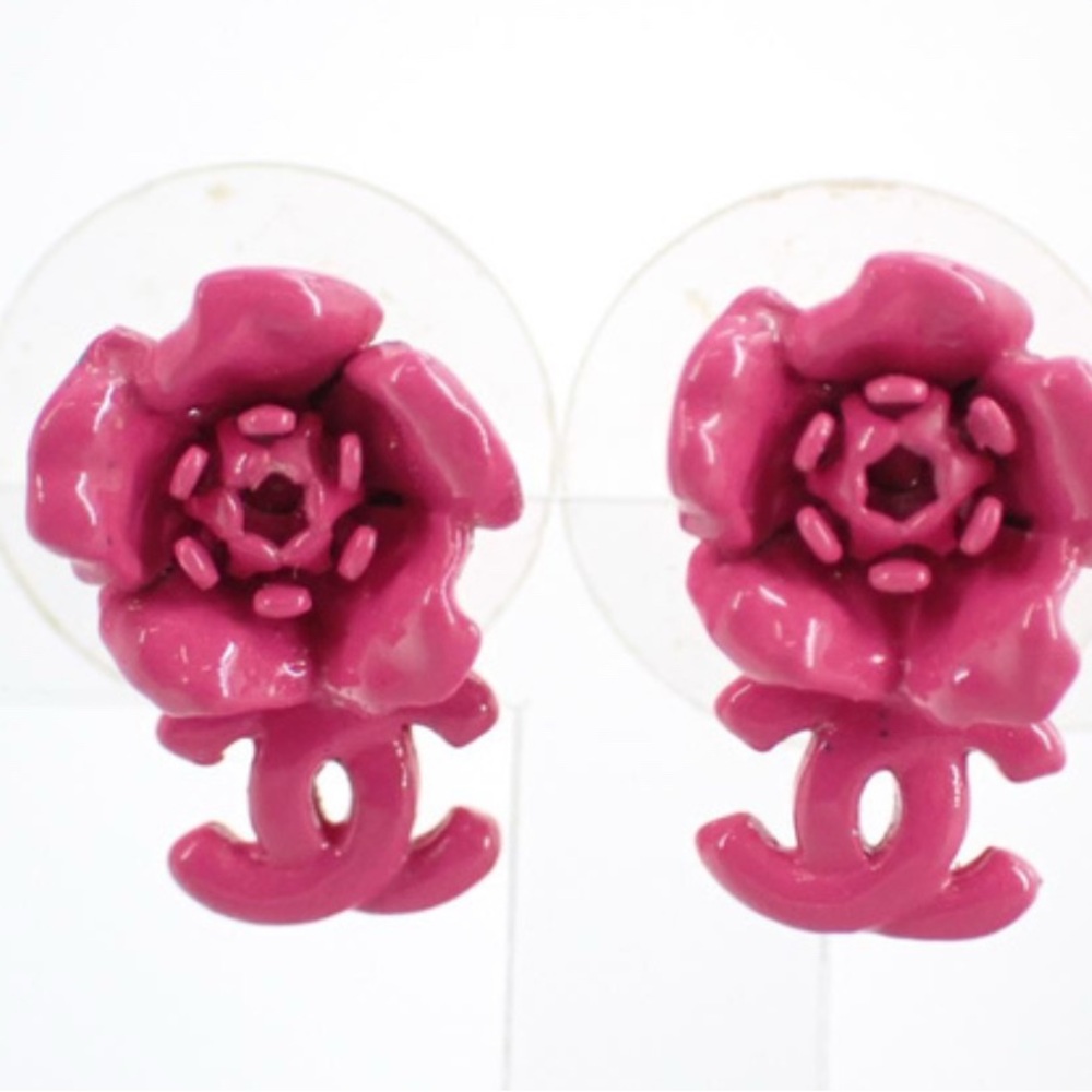 CHANEL Pink Camellia CC Logo Flower Stud Earrings